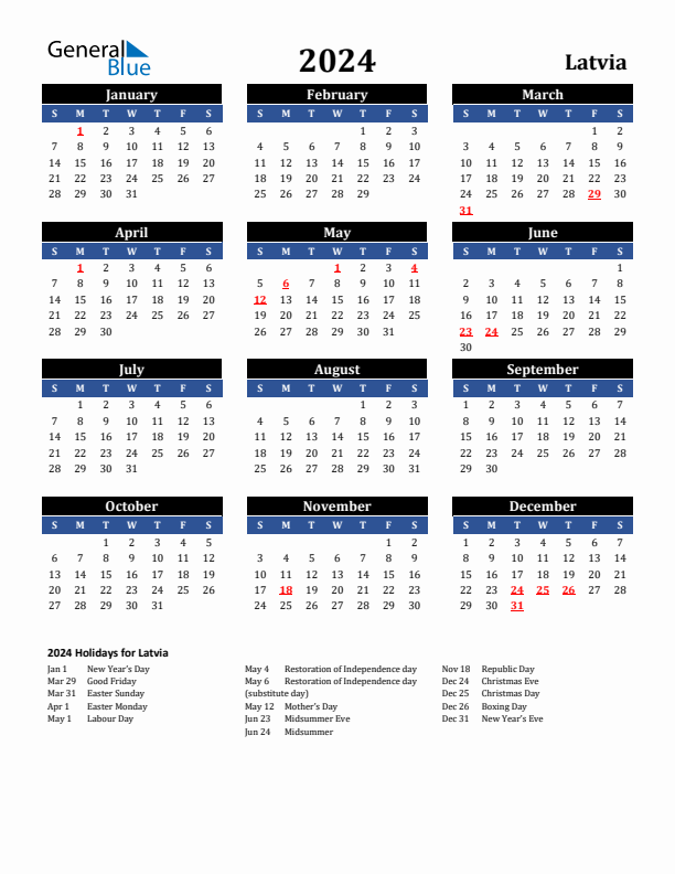 2024 Latvia Holiday Calendar