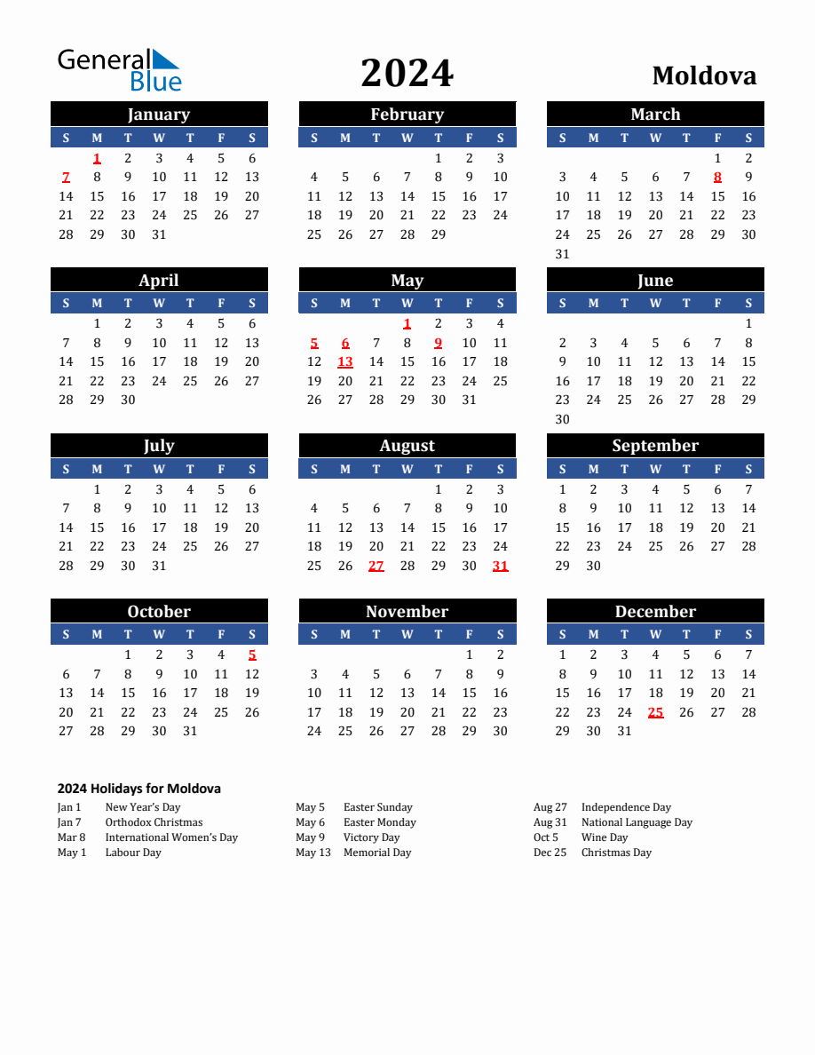 2024 Moldova Holiday Calendar