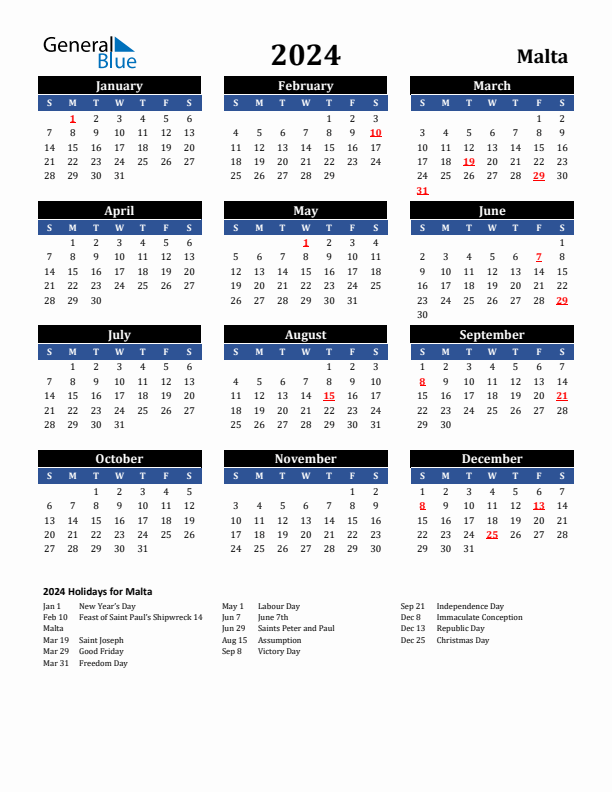 2024 Malta Holiday Calendar