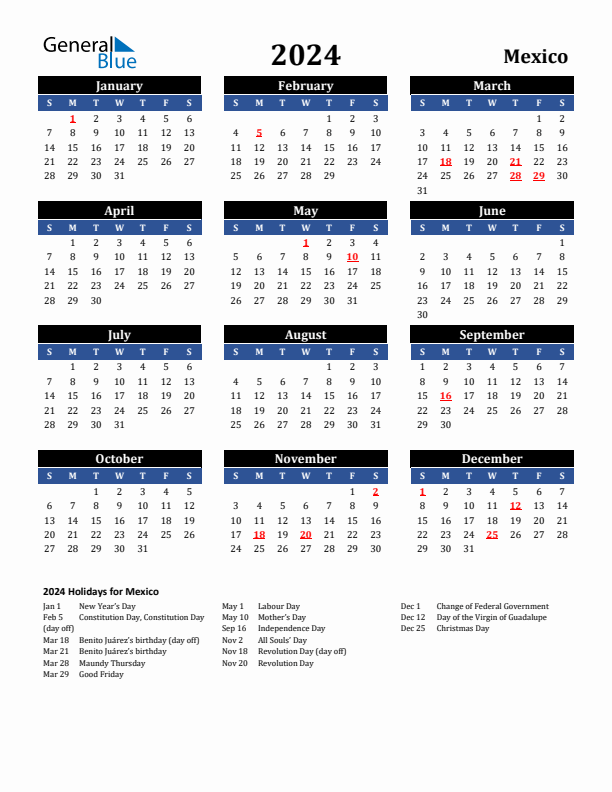 2024 Mexico Holiday Calendar