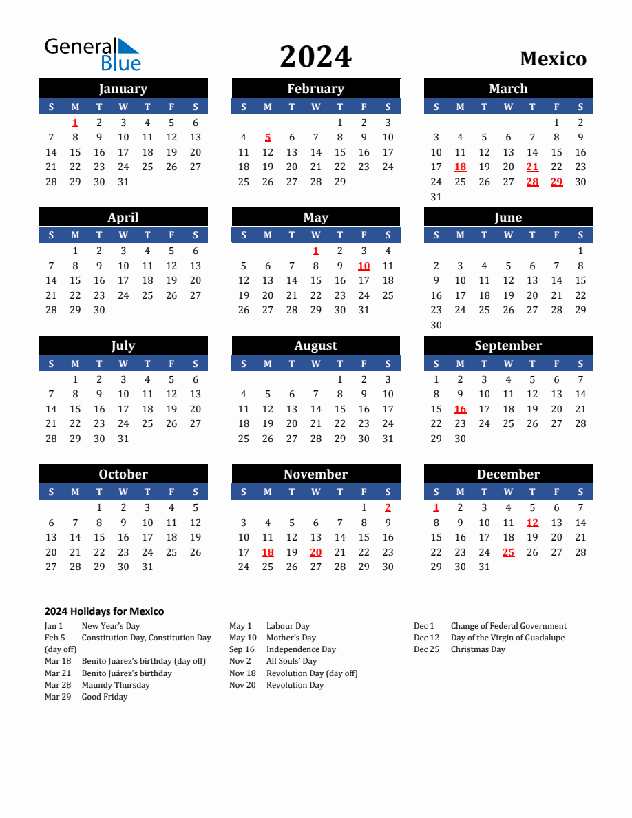 2024 Mexico Holiday Calendar