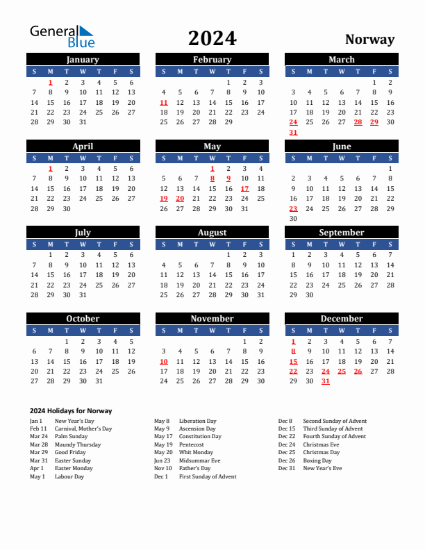 2024 Norway Holiday Calendar