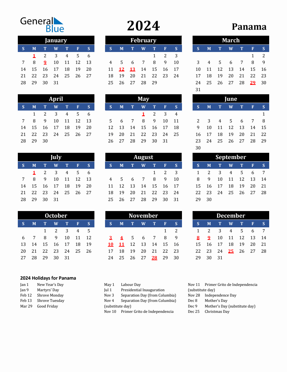 2024 Panama Holiday Calendar   2024 Calendar Black Blue With Holidays Portrait Sunday Start En Pa 918x1188 