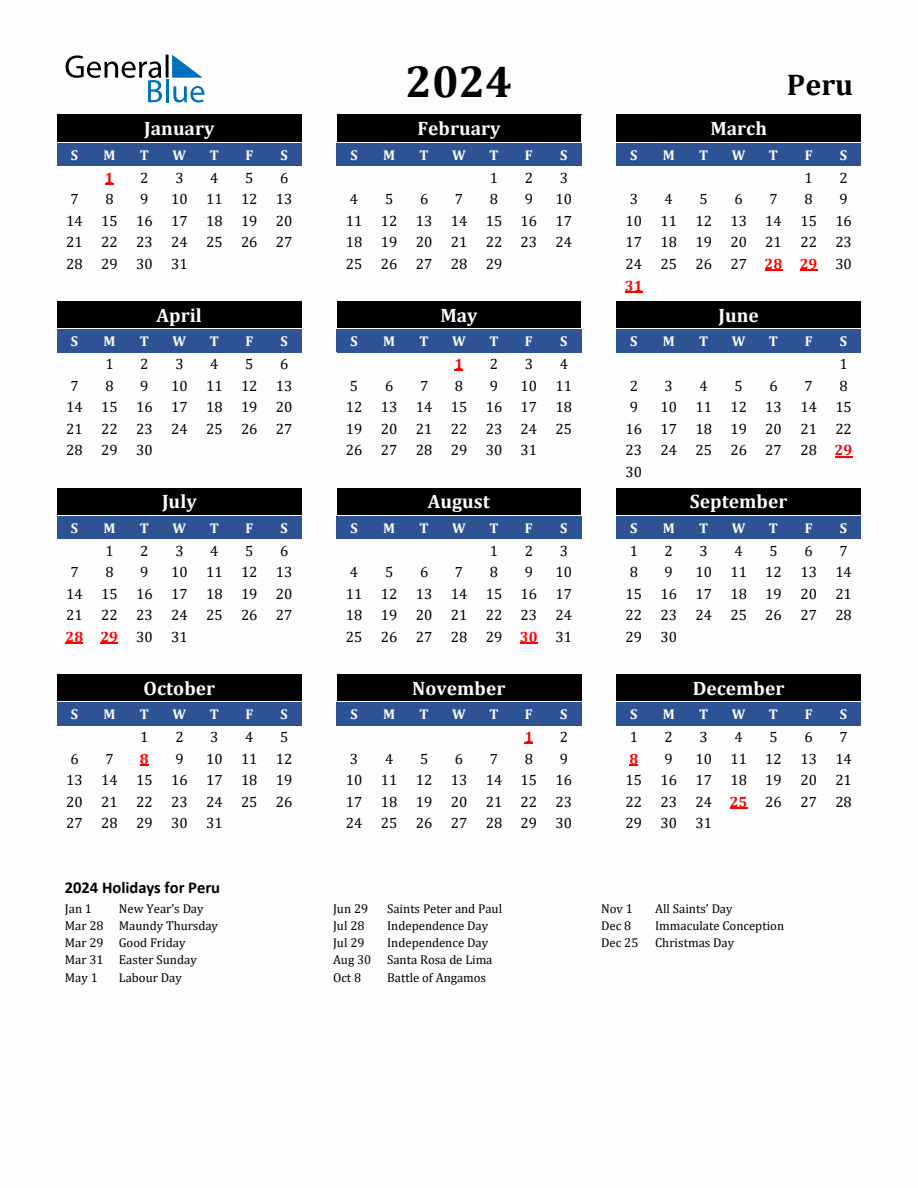 2024 Peru Holiday Calendar