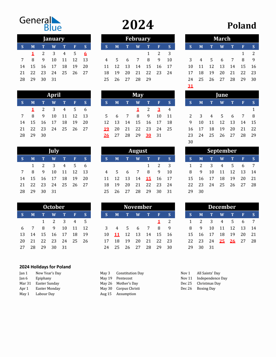 2024 Poland Holiday Calendar