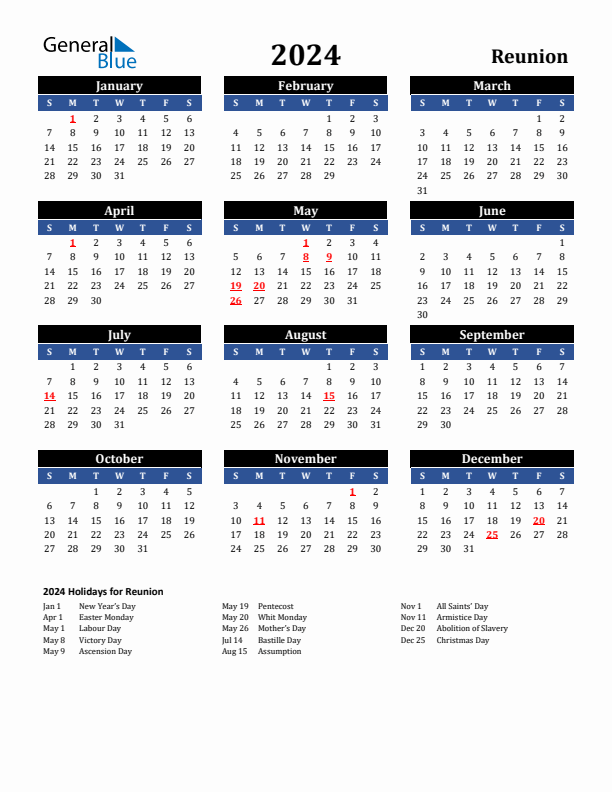 2024 Reunion Calendar with Holidays