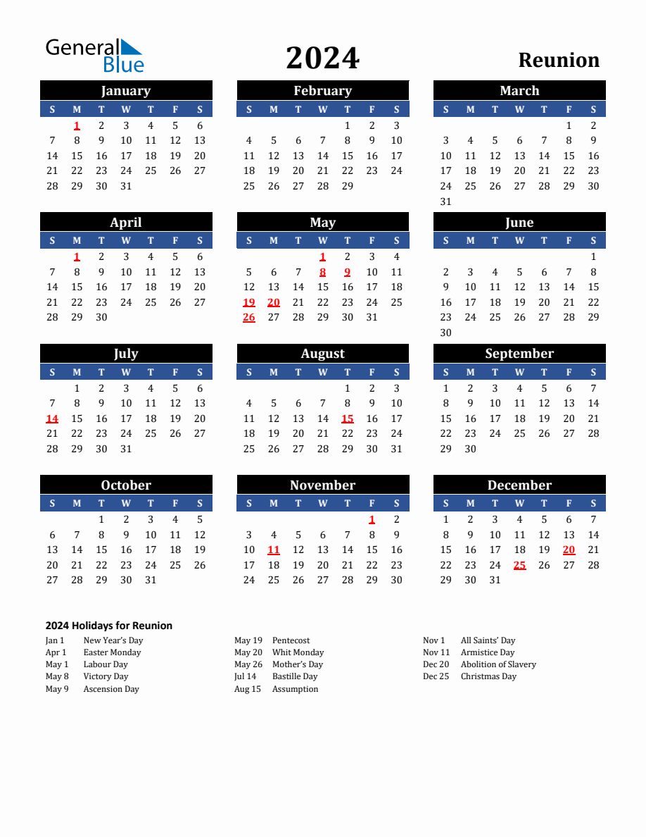 2024 Reunion Holiday Calendar