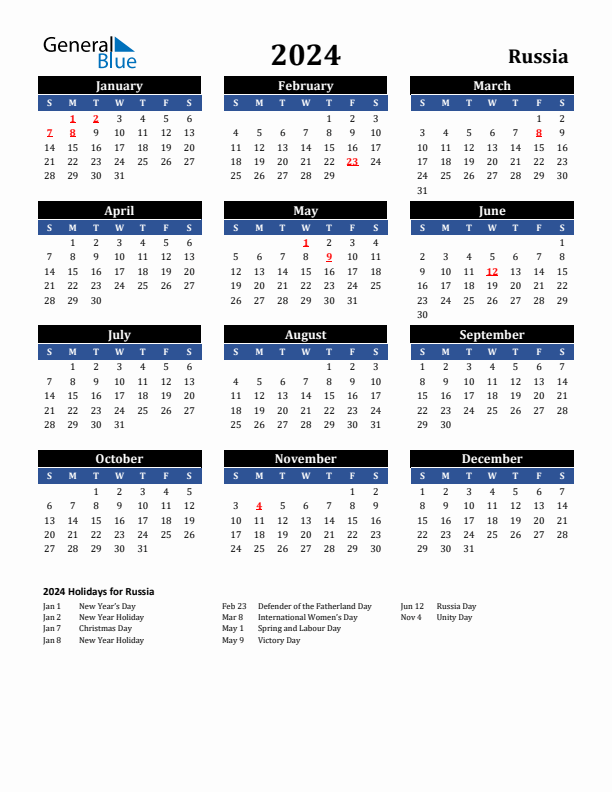 2024 Russia Calendar with Holidays