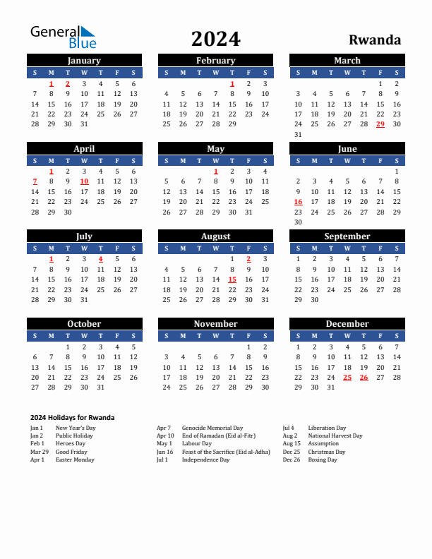 2024 Rwanda Holiday Calendar