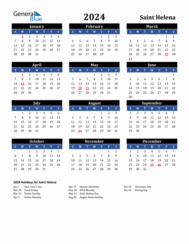 2024 Saint Helena Holiday Calendar