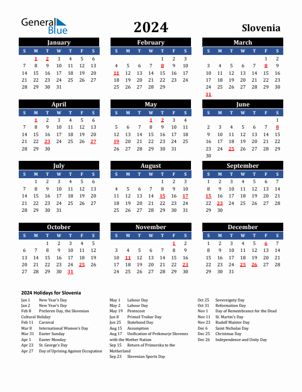 2024 Slovenia Holiday Calendar