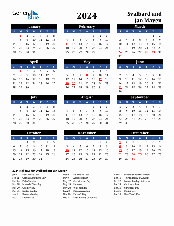 2024 Svalbard and Jan Mayen Holiday Calendar