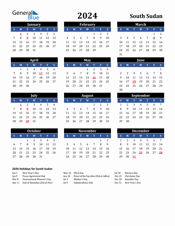 2024 South Sudan Calendar with Holidays