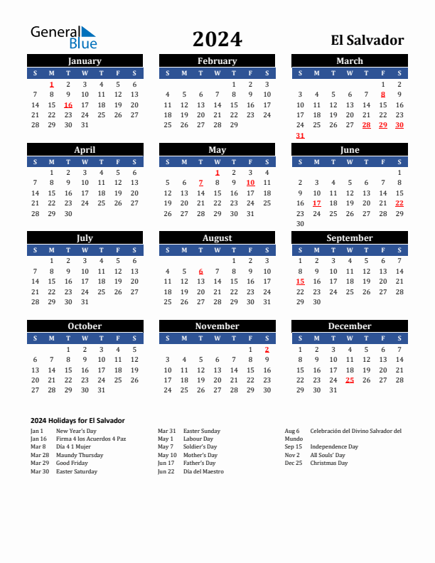 2024 El Salvador Holiday Calendar