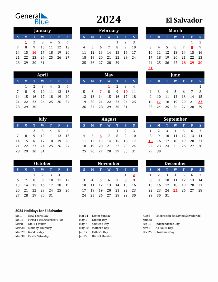 2024 El Salvador Holiday Calendar