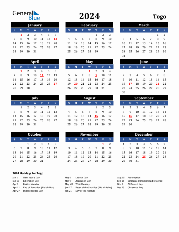 2024 Togo Holiday Calendar