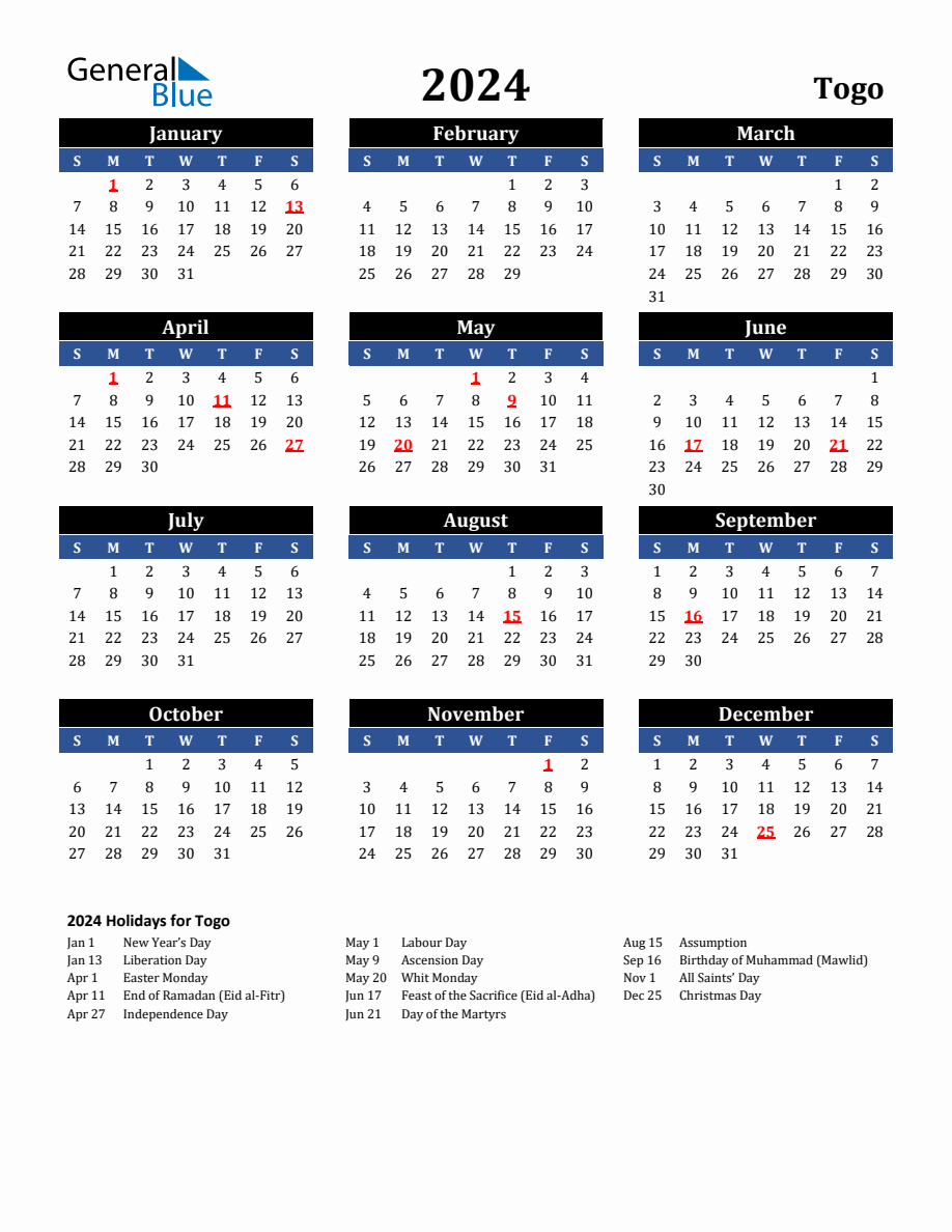 2024 Togo Holiday Calendar   2024 Calendar Black Blue With Holidays Portrait Sunday Start En Tg 918x1188 