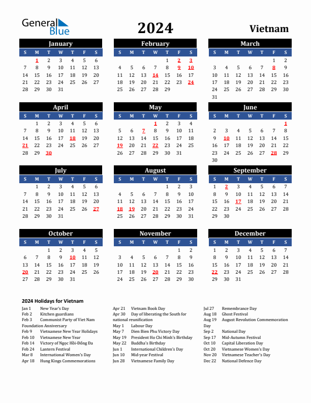 2024 Vietnam Calendar with Holidays