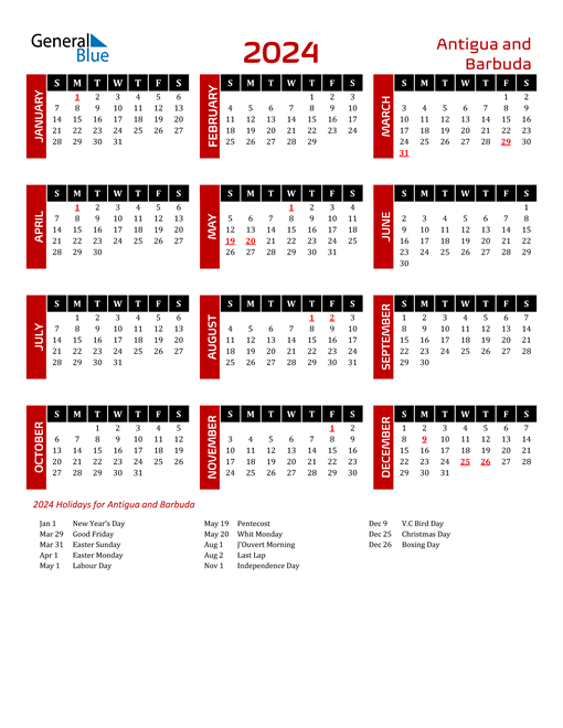 Download Antigua and Barbuda 2024 Calendar
