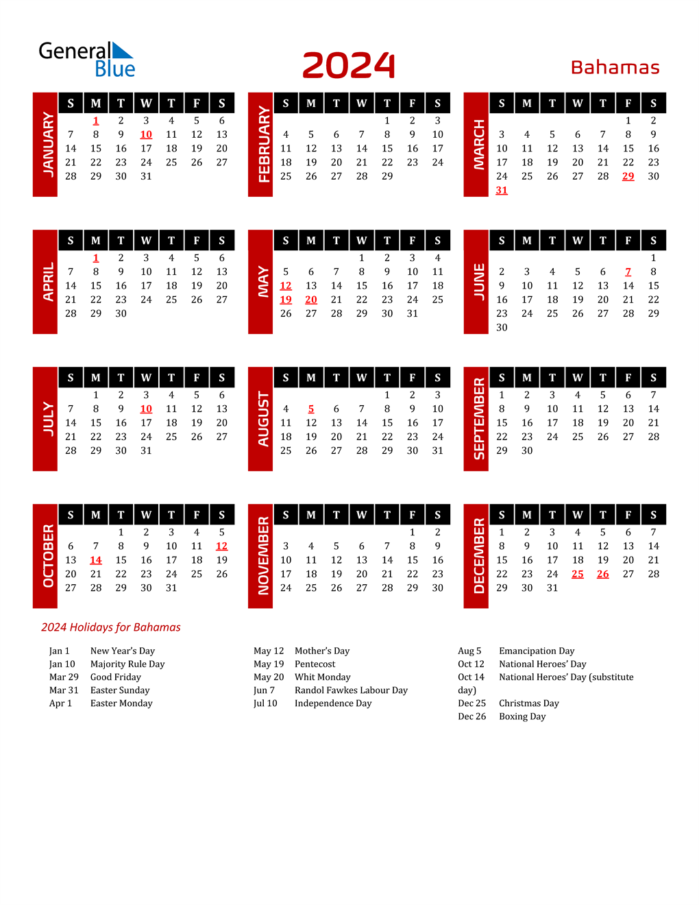 2024 Bahamas Calendar with Holidays