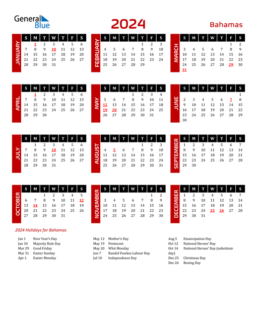 2024 Calendar Printable Bahamas