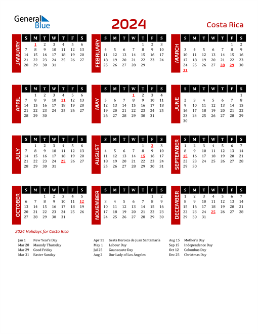 Download Costa Rica 2024 Calendar