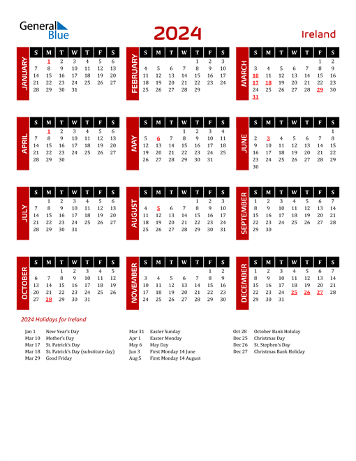 Irish Holidays 2024 Calendar Lian Coralie