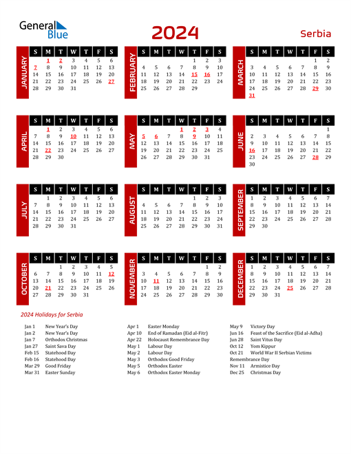 2024 Serbia Calendar with Holidays