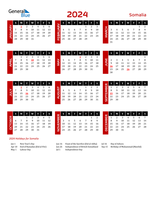Download Somalia 2024 Calendar
