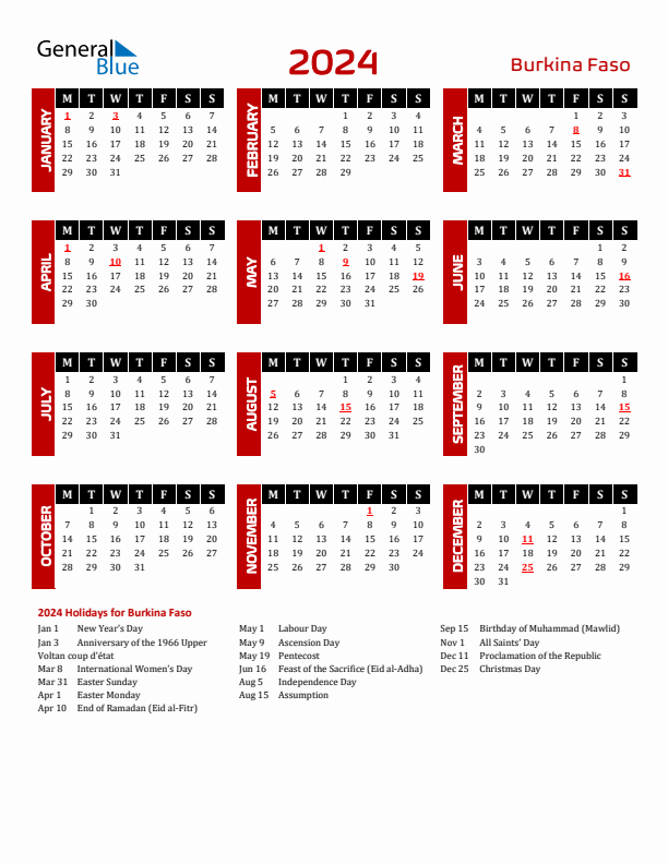 Download Burkina Faso 2024 Calendar - Monday Start