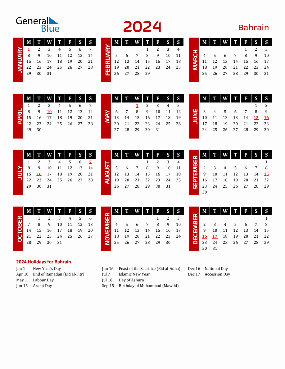 Bahrain 2024 Yearly Calendar Downloadable