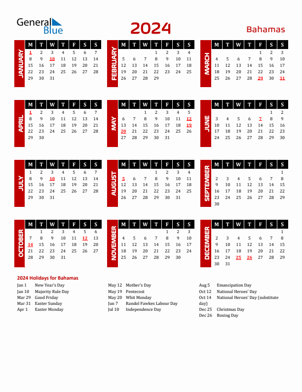 Download Bahamas 2024 Calendar - Monday Start