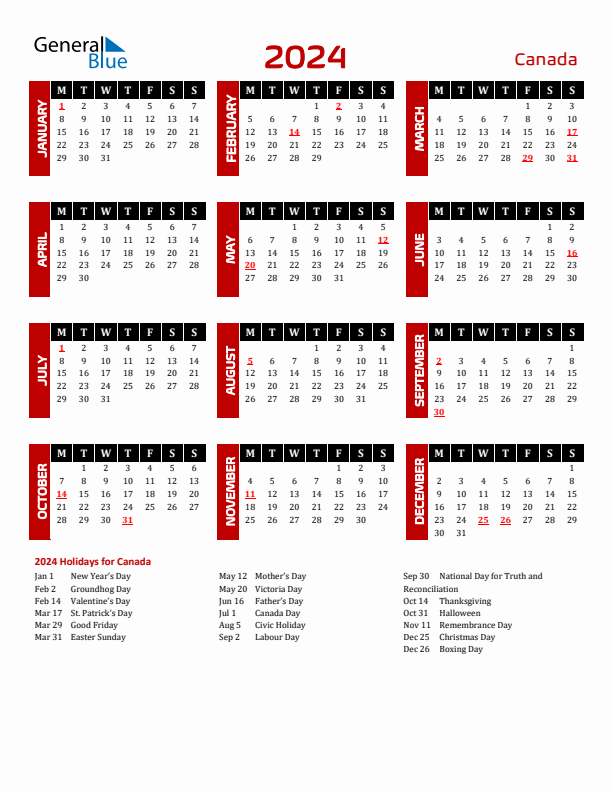 Download Canada 2024 Calendar - Monday Start