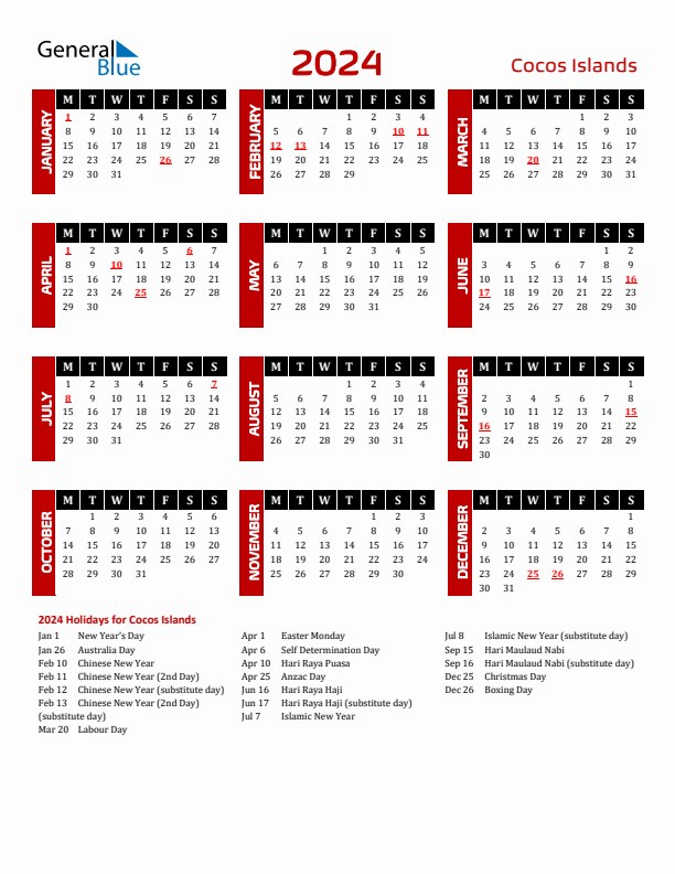 Download Cocos Islands 2024 Calendar - Monday Start