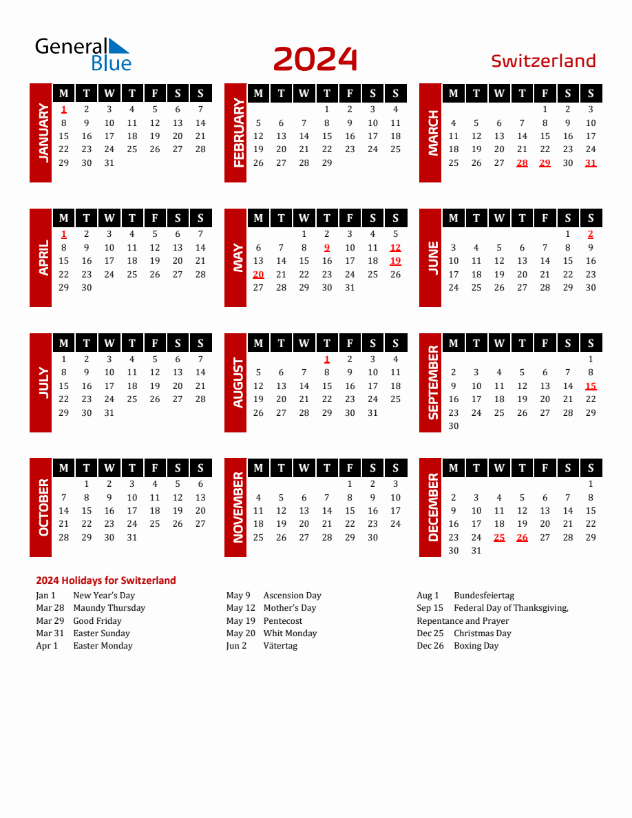 Switzerland 2024 Yearly Calendar Downloadable