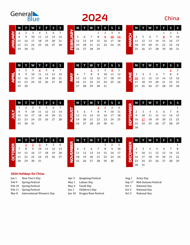 Download China 2024 Calendar - Monday Start