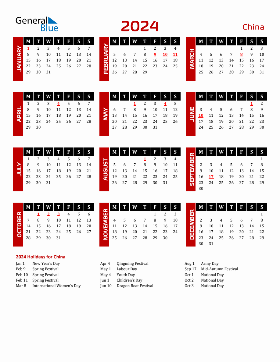 China 2024 Yearly Calendar Downloadable