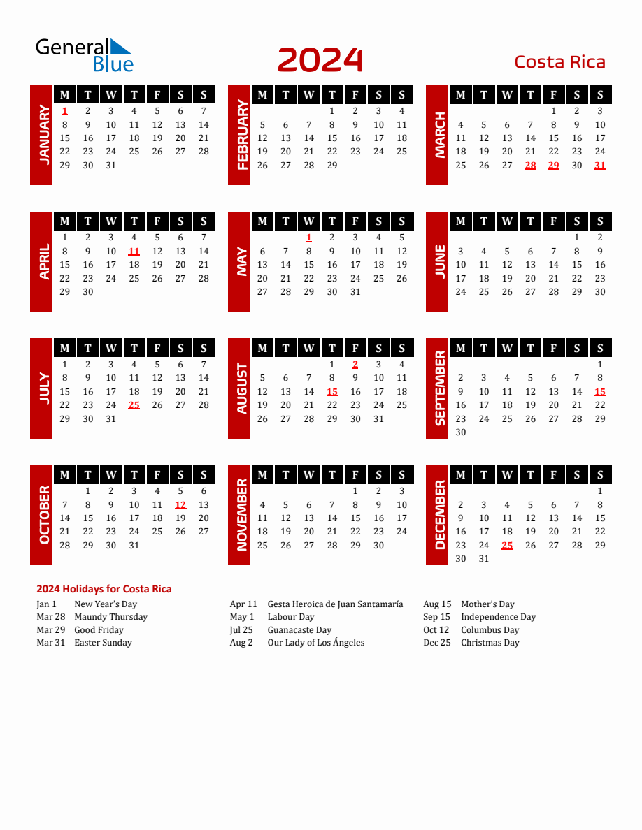 Costa Rica 2024 Yearly Calendar Downloadable