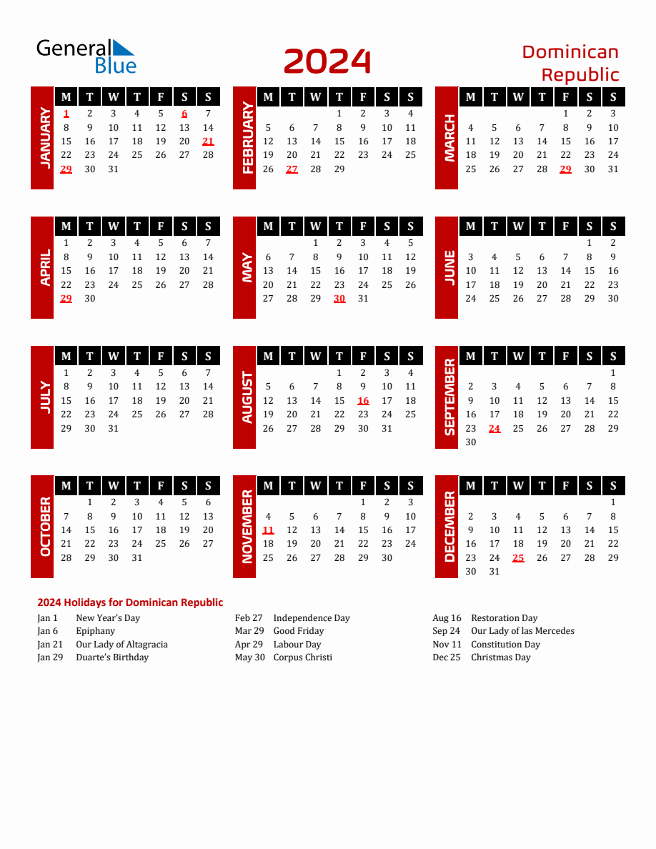 Dominican Republic 2024 Yearly Calendar Downloadable   2024 Calendar Black Red With Holidays Portrait Monday Start En Do 918x1188 