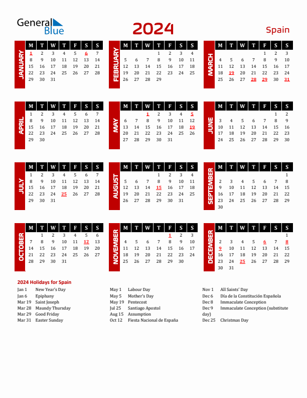Download Spain 2024 Calendar - Monday Start
