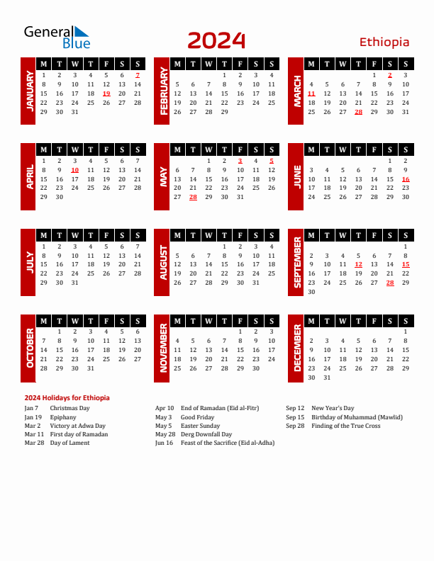 Download Ethiopia 2024 Calendar - Monday Start
