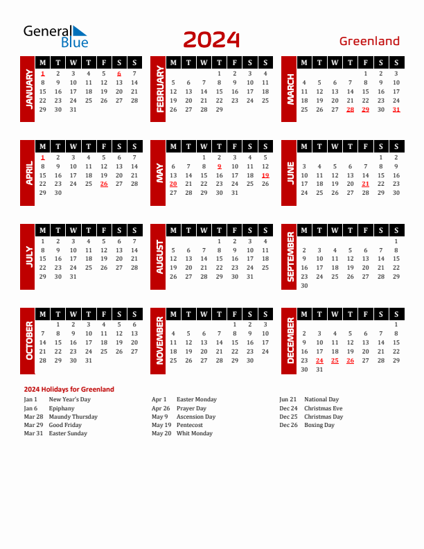 Download Greenland 2024 Calendar - Monday Start