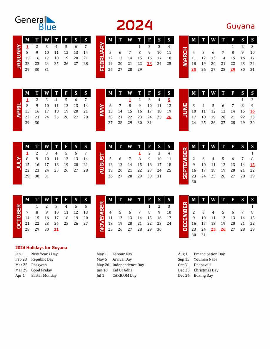 Guyana 2024 Yearly Calendar Downloadable