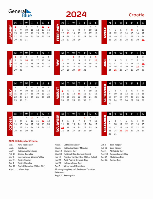 Download Croatia 2024 Calendar - Monday Start