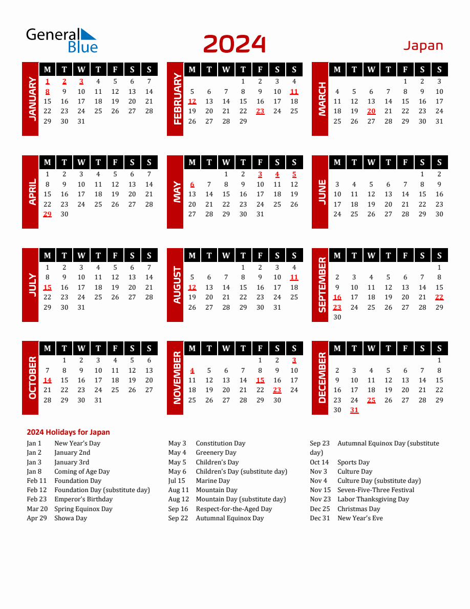 Japan 2024 Yearly Calendar Downloadable