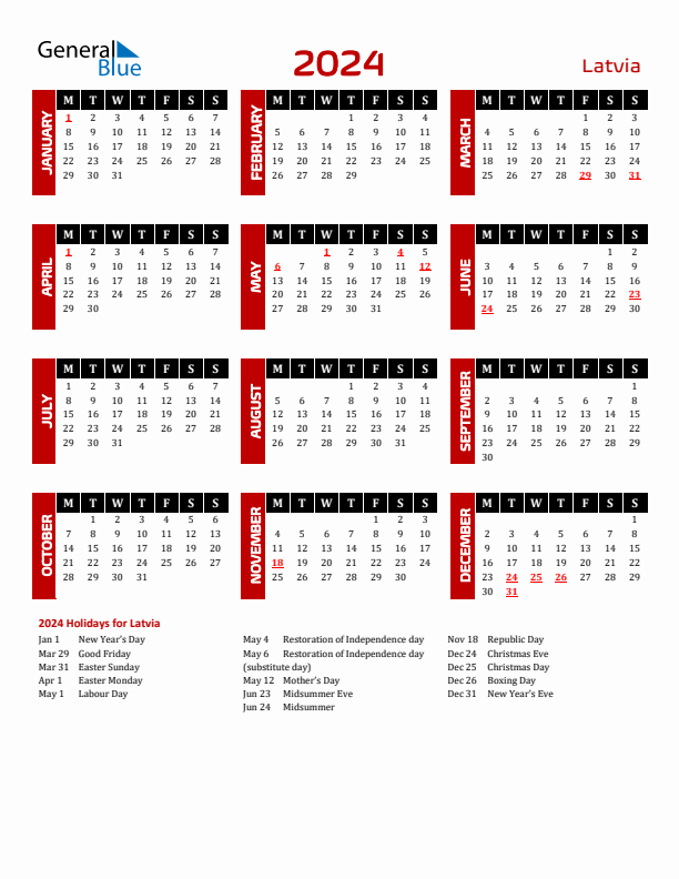 Download Latvia 2024 Calendar - Monday Start