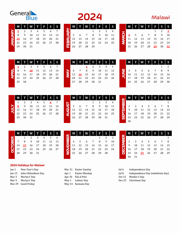 Download Malawi 2024 Calendar - Monday Start