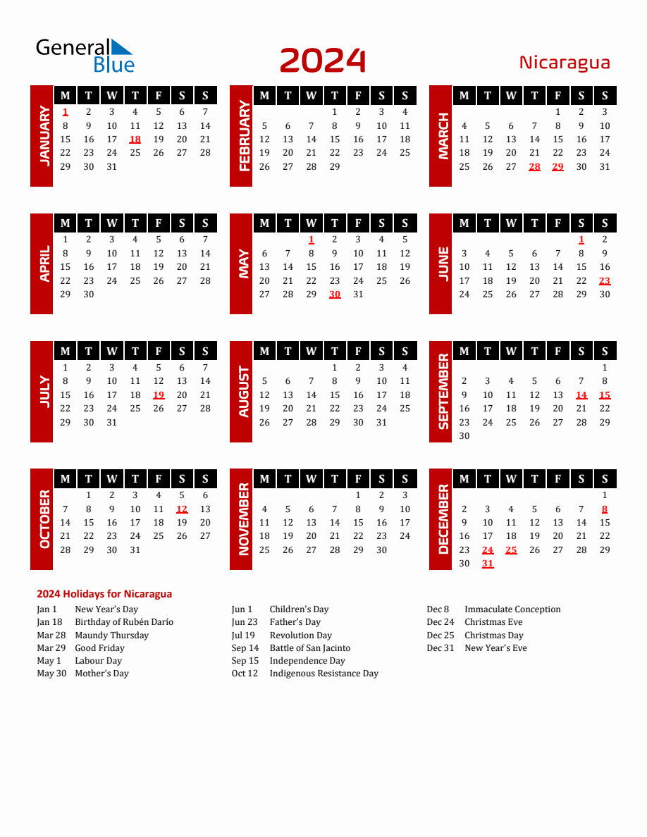 Nicaragua 2024 Yearly Calendar Downloadable   2024 Calendar Black Red With Holidays Portrait Monday Start En Ni 918x1188 