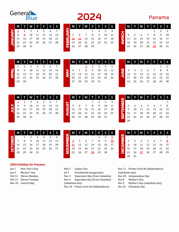 Download Panama 2024 Calendar - Monday Start