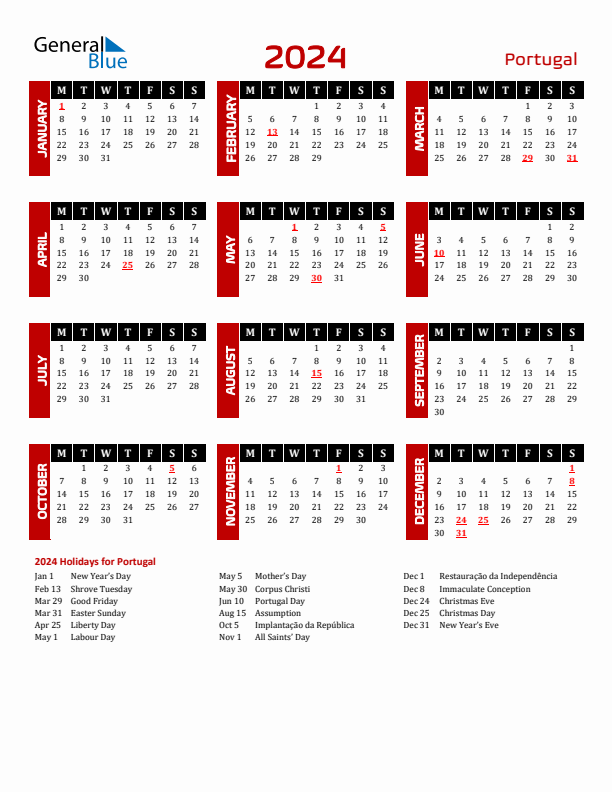 Download Portugal 2024 Calendar - Monday Start